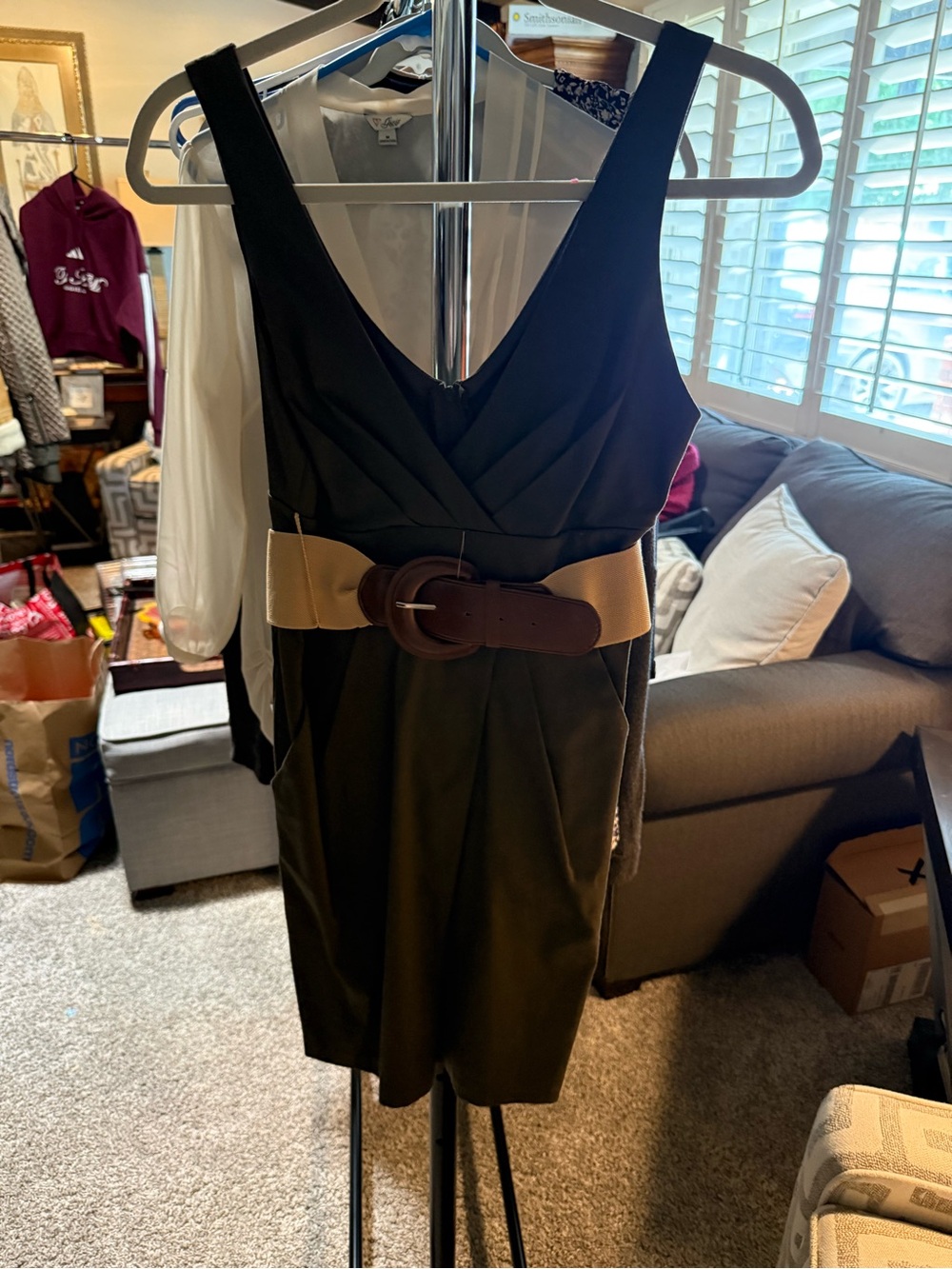 City Triangles NWTO 7 Dark Olive Green Sleeveless VNeck Sheath Dress w/ Tan Belt